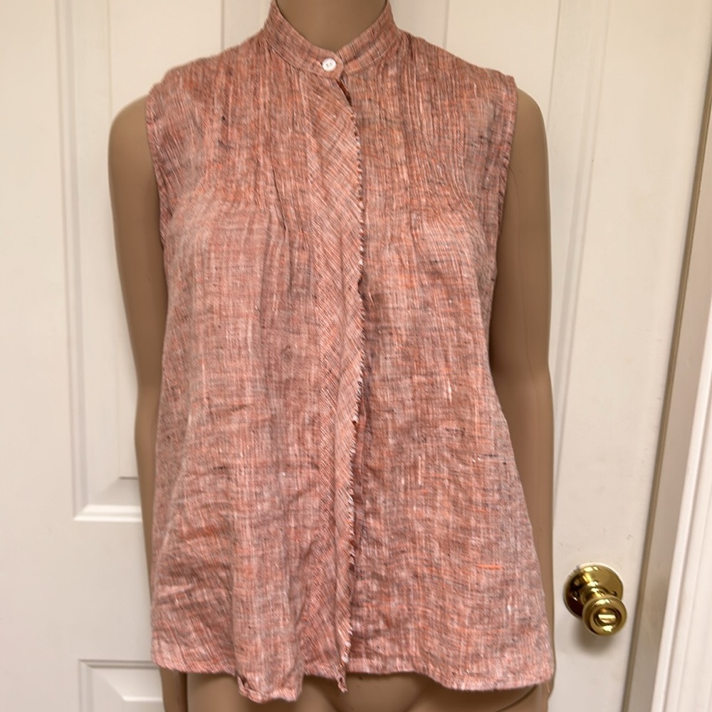 Nikki Chasin Sleeveless Blouse Linen Button Down Banded Collar Size XS Designer